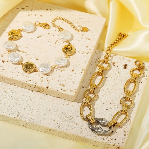 Bracciale Da Donna In Acciaio Inossidabile Placcato Oro 18K Catena A Maglia Ovale Grossa Elegante Con Künstliche Perle Finte