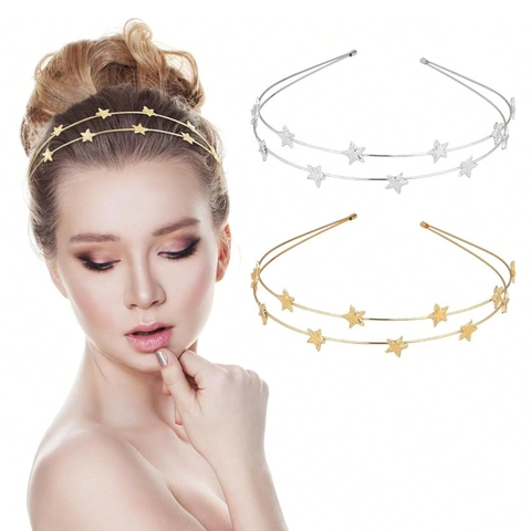 Elegant Metal Double Layer Headband With Star Charms Minimalist Alloy Hair Hoop For Women Sweet Style Hair Accessory