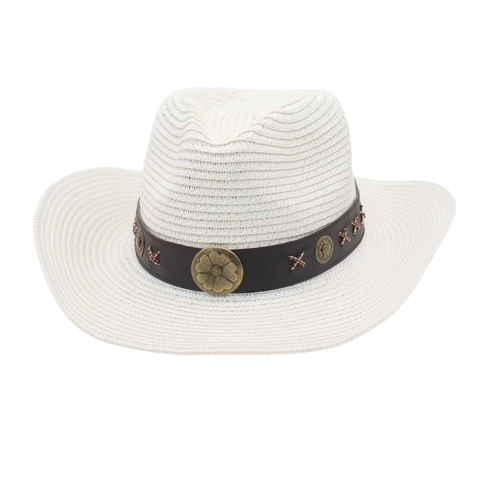 Chapeau De Paille Cowboy Western Tissé Large Bord Protection Solaire Extérieur Plage Vintage Avec Bande Cuir Boucle Métal
