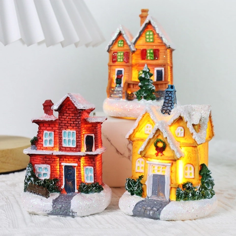 Kerst Lichtgevend Hars Mini Huis LED Gloeiende Sneeuw Landschap Hut Tafeldecoratie