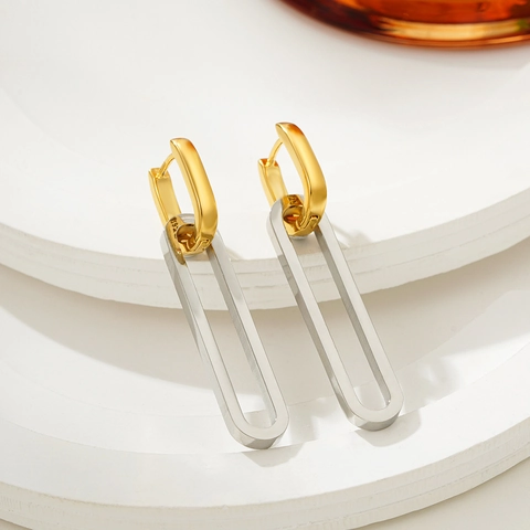 Orecchini a Cerchio Geometrici Bicolore in Acciaio Inossidabile Placcato Oro 18K Minimalisti Lunghi Orecchini Pendenti Rimovibili per Donna Gioielli