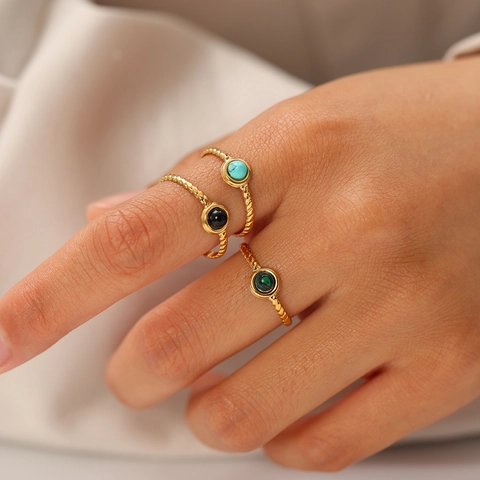 Retro Edelstahl Offener Ring Für Damen 18K Vergoldet Verstellbar Gedrehtes Seilband Naturstein Wasserdicht Hypoallergen