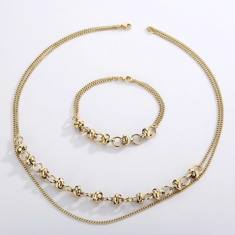 Collar Y Pulsera De Acero Inoxidable De Doble Capa Joyería Con Diseño De Nudo Anillo Para Mujer Moda Minimalista Apilable