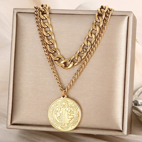 Stainless Steel Double Layer Necklace Saint Benedict Medal Coin Pendant Retro Cuban Thick Chain Punk Hip Hop Women Jewelry