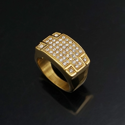 Mens Hip Hop 316 Stainless Steel Gold Plated Ring Rectangular Pave White Rhinestone Luxurious Signet Finger Ring Jewelry