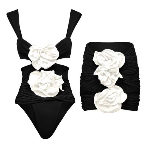 Costume Da Bagno Intero Con Fiori 3D E Minigonna Da Donna Abbigliamento Da Spiaggia Sexy Elegante Poliestere