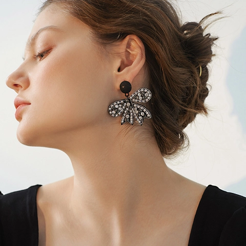 Black Velvet Bow Earrings With Rhinestones And 925 Sterling Silver Earring Post Vintage High End For Women