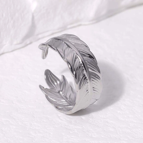 Anello Regolabile Piuma Acciaio Inossidabile Placcato Oro 18K Creativo Fascia Aperta Gioielli Donna