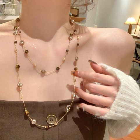 Double Layer Long Necklace 18K Gold Plated Alloy Faux Artificial Pearl Tiger Eye Stone Beads Vintage Elegant Sweater Chain Women