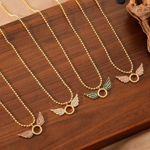 Collier Pendentif Aile d'Ange en Acier Inoxydable 316L pour Femme Chaîne à Billes Plaquée Or 18K Bijoux avec Zircone Incrustée