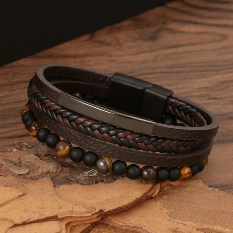 Multilayer Leather Bracelet Natural Stone Tiger Eye Woven Beaded Magnetic Clasp Retro Fashion Men Accessory