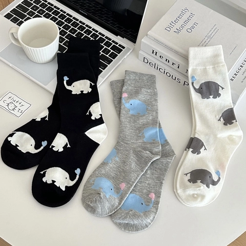 Cute Elephant Pattern Mid Calf Socks Women Cotton Breathable Heart Print Japanese Style Casual Crew Socks