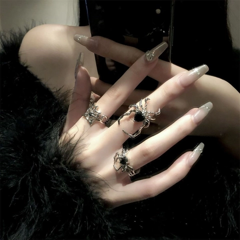 Gothic Spinne Spinnwebe Ring Set Legierung Schwarzer Straßstein Verstellbar Offen Retro Punk Y2K Schmuck