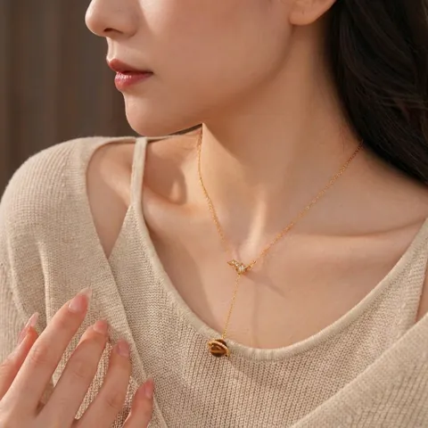Collar Con Colgante De Planeta Saturno Vintage Con Piedra Ojo De Tigre Y Estrella De Cobre Circón Cadena Elegante Mujer