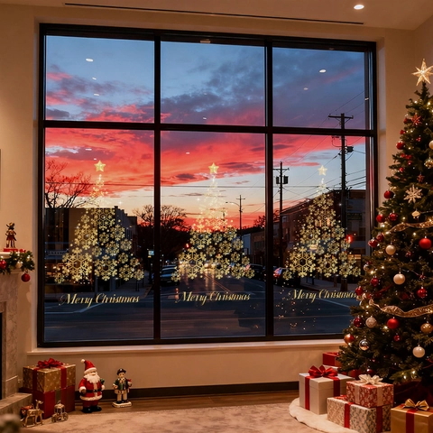 Golden Snowflake Christmas Tree Window Stickers Static Cling PVC Decals Merry Christmas Glass Door Decoration For Shop Home