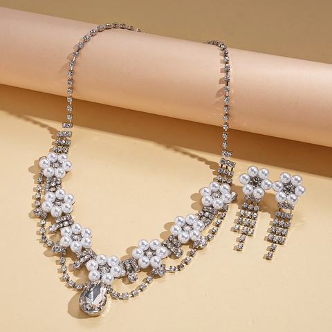 Gioielli In Rame Strass Imitazione Perla Artificial Collana E Orecchini Fiore Pendente Goccia D'acqua Retro Lusso Per Matrimonio Festa Donne
