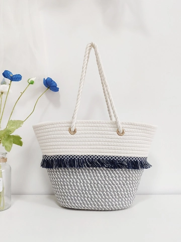 Bohemian Cotton Rope Woven Tote Bag Contrast Color Tassel Large Capacity Beach Vacation Handbag Vintage Style For Women