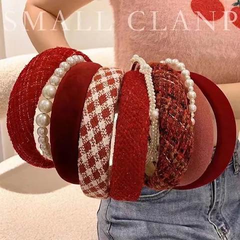 Red Christmas Headband Wide Padded Sponge Velvet Tweed Hair Accessories Vintage Elegant Festival Headwear For Women