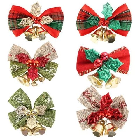 Christmas Decorative Hanging Bows With Metal Bells Fabric Ribbon Ornaments For Holiday Party Tree Gift Box Decor
