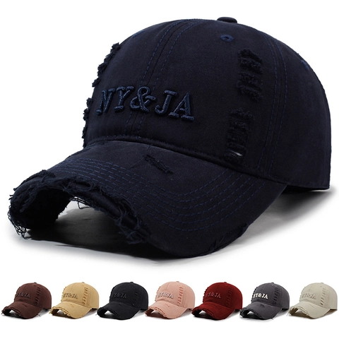Distressed Baseball Cap Cotton Vintage Broken Hole Letter Embroidery Sun Hat Retro Streetwear Unisex Adjustable Buckle