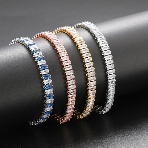 Baguette Schliff Rechteckige Zirkonia Tennis Armband Kupfer Gold Plattiert Mode Schmuck Für Frauen Elegant Funkelnd