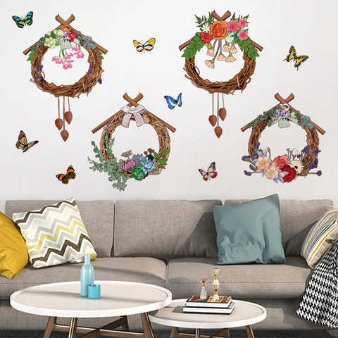 Floral Wreath Butterfly Wall Stickers PVC Waterproof Removable Decals For Living Room Bedroom Kitchen Home Decoration Mural