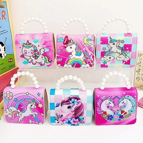 Kids Girls Unicorn Handbag PU Leather Faux Artificial Pearl Handle Crossbody Shoulder Bag Cute Cartoon Princess Fashion Accessory