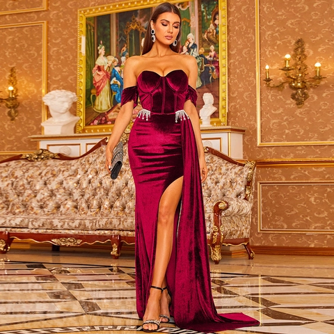 Elegante Bordeauxrode Fluwelen Avondjurk Off Shoulder Hoge Split Strass Franjes Luxe Party Banket Jurk Voor Dames