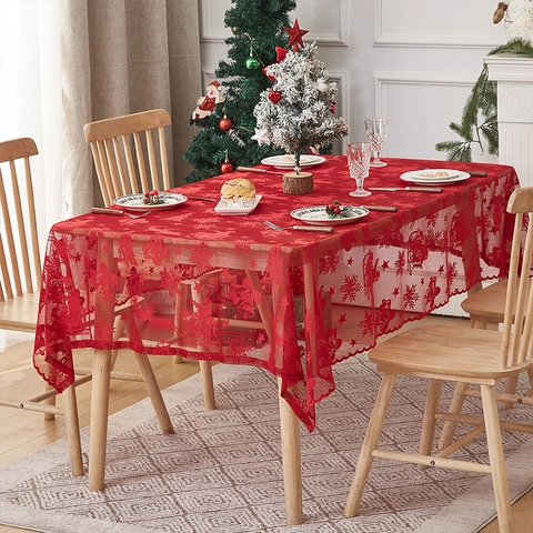 Mantel De Navidad Encaje Poliéster Calado Reno Copo De Nieve Bordado Decoración De Fiesta Cena Estilo Americano