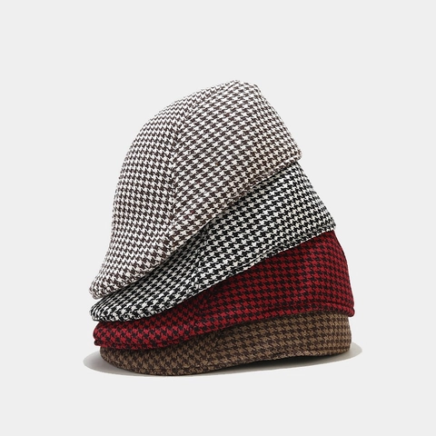 Houndstooth Baret Hoed Voor Dames Polyester Katoen Britse Newsboy Flat Cap Warme Retro Herfst Winter Accessoire