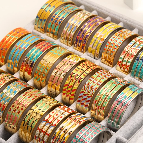 Vintage Stainless Steel Enamel Painted Bangle Retro Floral Geometric Pattern Cuff Bracelet For Women Ethnic Fashion Jewelry