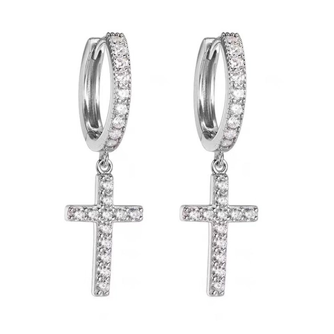 Copper Rhinestone Cross Square Evil Eye Letter Huggie Earrings Iced Out Hip Hop Hoop Earrings For Men Women Fashion Jewelry