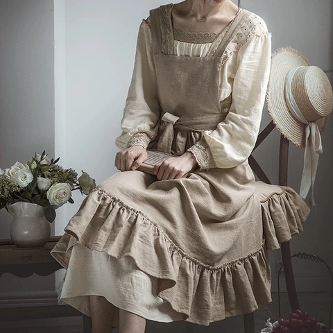 Vintage Ruffle Hem Apron Pure Cotton Solid Color Waterproof Florist Baking Pinafore Dress For Women French Pastoral Style