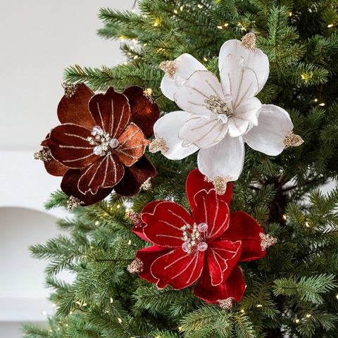 Flor de Magnolia de Navidad Tela Terciopelo con Purpurina y Cuentas para Decoración de Árbol de Navidad