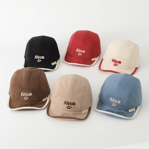 Cappello Neonato In Tela Di Cotone Berretto 5 Pannelli Tesa Morbida Ricamo Viso Regolabile Traspirante