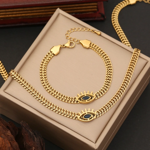 Collana Con Ciondolo Occhio Del Diavolo Acciaio Inossidabile Placcato Oro Cristallo Blu Catena Piatta Gioielli