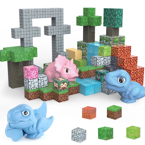 Blocchi Di Costruzioni Magnetici Tema Dinosauro Trama Pixel Voxel Art Plastica ABS Giocattolo Educativo DIY Colorato Per Bambini