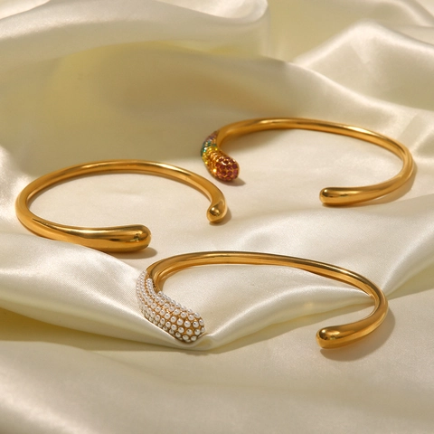 18K Vergoldet Edelstahl Offener Armreif Für Damen Mit Künstlicher Perle Regenbogen Strass Mode Schmuck Armband Geschenk