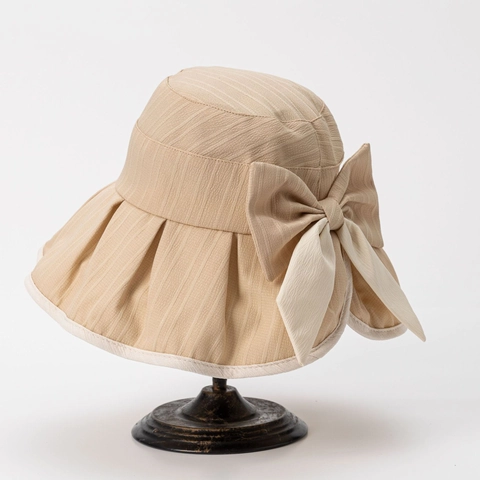 Cappello Da Sole Donna Tesa Larga Cotone Poliestere Pieghettato Grande Fiocco Protezione Solare Estate Spiaggia Vacanza Elegante