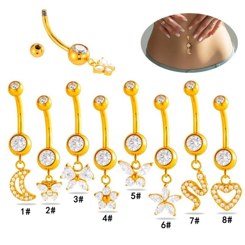 Trendy G23 Titanium Belly Button Rings Zircon Butterfly Moon Snake Heart Pendant Navel Piercing Jewelry For Women