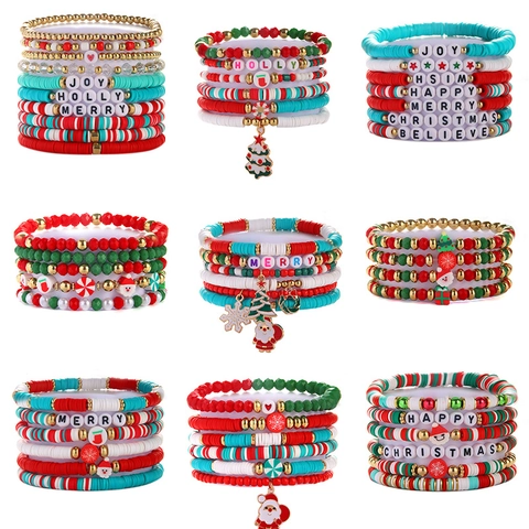 Christmas Beaded Bracelets Polymer Clay Alloy Acrylic Pendants Festive Holiday Jewelry Fashion Accessories Women