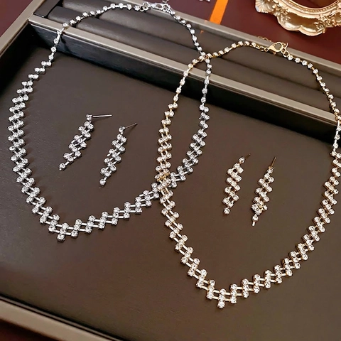 Geometric Square Necklace And Earrings Alloy Rhinestone Fashion Elegant Accessory For Women Shine Sparkle