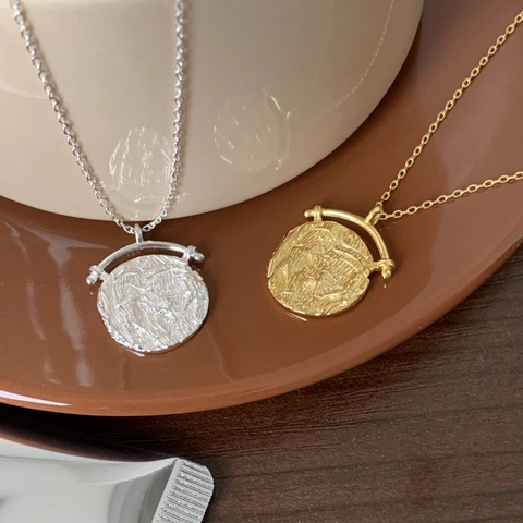 Collana In Argento Sterling 925 Con Ciondolo A Moneta Irregolare Trama A Rilievo Gioielli Vintage Minimalisti Per Donne