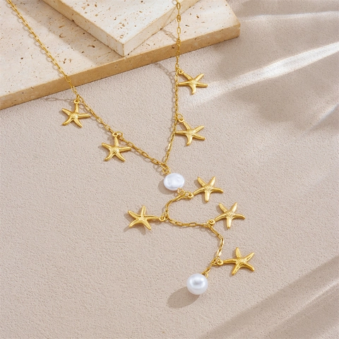 Seestern Kunstperle Y-Förmige Drop Halskette Edelstahl Vergoldet Trendy Sommer Strand Schmuck Für Damen