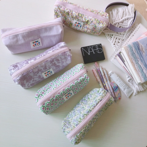 Estuche De Lápices De Lona Floral Dulce Bolsa De Cosméticos Pana Bordado Encaje Organizador Papelería Púrpura Estilo Fresco