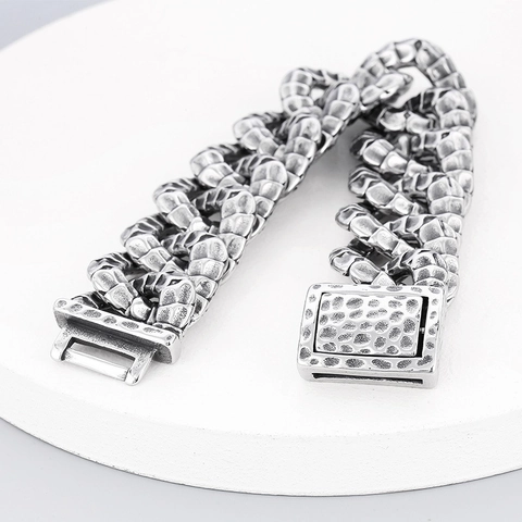 Men Bracelet 316L Stainless Steel Retro Punk Gothic Snake Scale Texture Distressed Silver Heavy Metal Link Chain