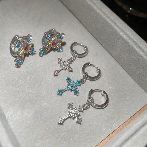 Colorful Rhinestone Cross Pendant Hoop Earrings With 925 Sterling Silver Earring Post Luxury Korean Style Jewelry Women