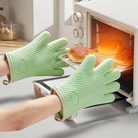 Guantes Horno Silicona Resistentes Calor Forro Algodón Grueso Antideslizante Textura Corazón Cinco Dedos Cocina