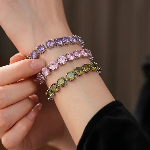 Bracelet De Tennis En Zircon Rond Bijoux De Luxe En Cuivre Pour Femmes Style Minimaliste Argenté