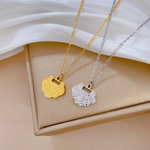 Collar Con Colgante De Candado Ruyi Acero De Titanio Chapado En Oro Carácter Fu Nube De La Suerte Joyas Para Mujer